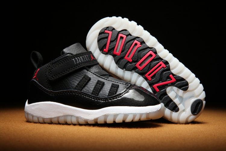 New Kids Jordan 11 Strap Black White Red Shoes - Click Image to Close